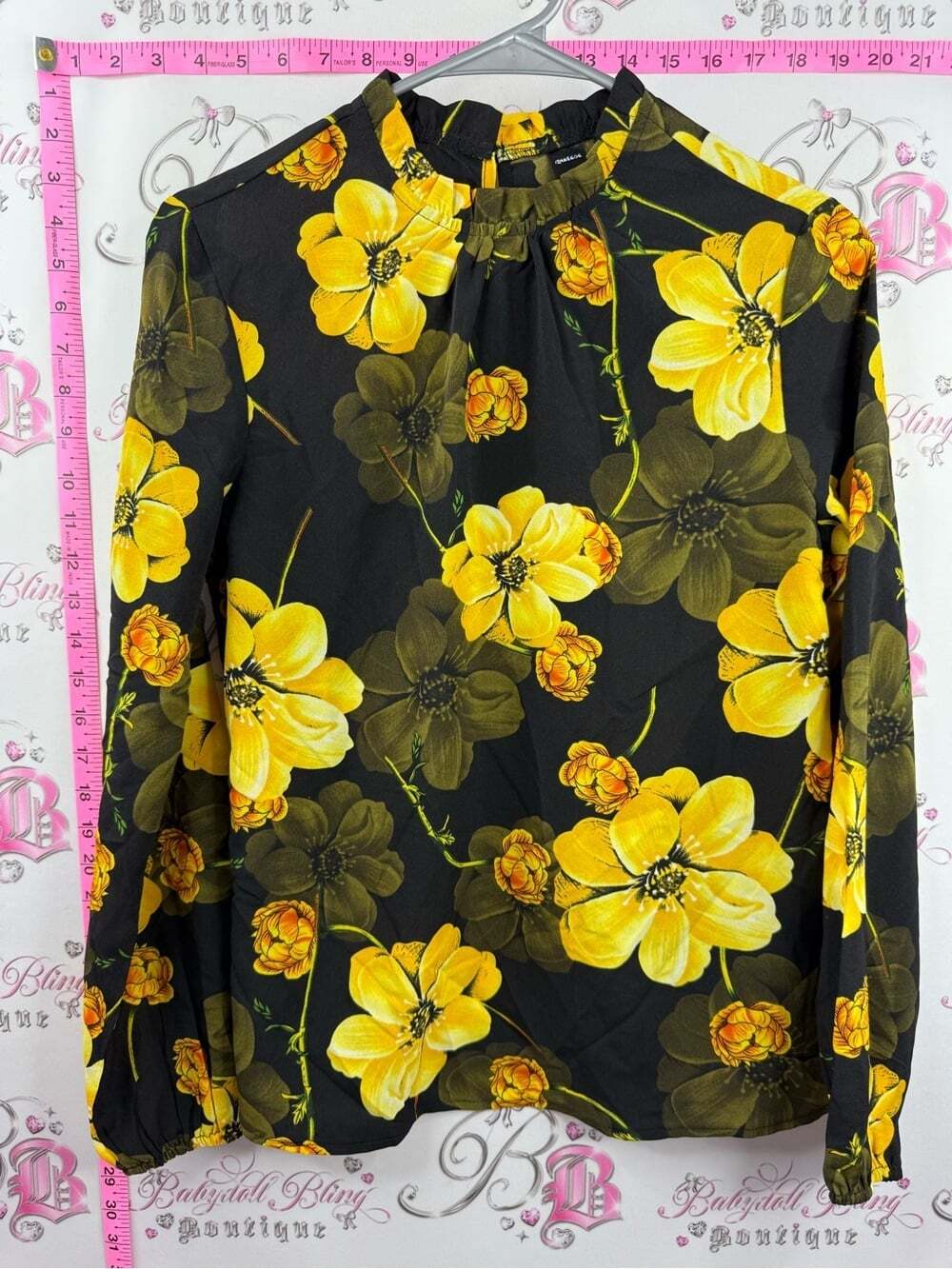 RANLEGE shirt blouse flowers ruffle Yellow Floral Long-Sleeve Blouse - Black